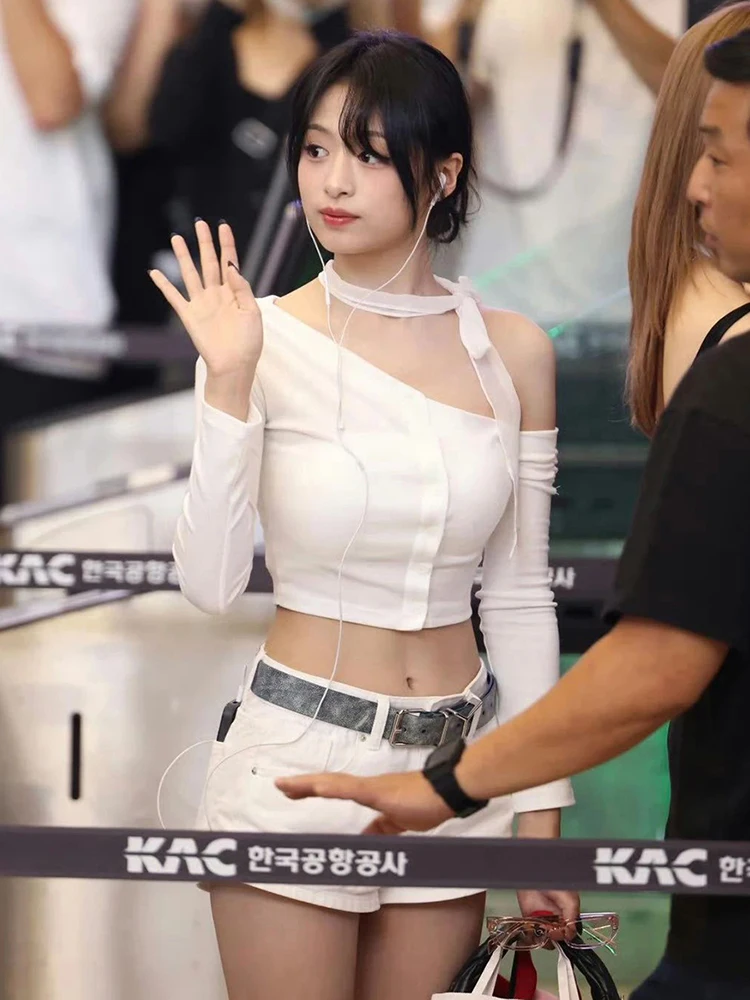 

Sisterlinda Basic Classics T-Shirt Women Skew Collar Off Shoulder Full Sleeve Patchwork Stretch Skinny Simple Street Crop top