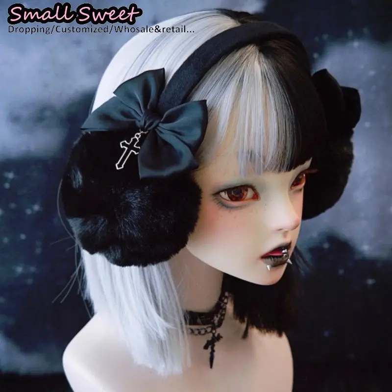 القوطية الشرير اليدوية القوس الصليب غطاء للأذنين الظلام الدافئة الأذن الأسود أفخم ثقافة فرعية Y2K فتاة حماية الشتاء غطاء للأذنين اكسسوارات #3