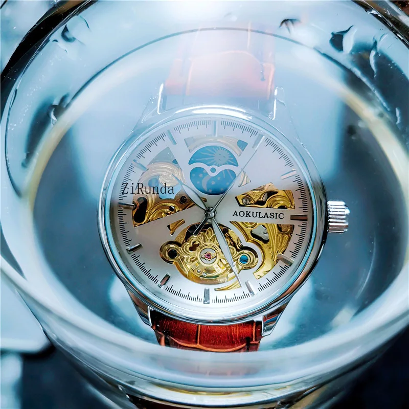 ساعة رجالية مجوفة من الأسفل ميكانيكية أوتوماتيكية بالكامل مرحلة القمر ساعة رجالية جلدية كاجوال #4