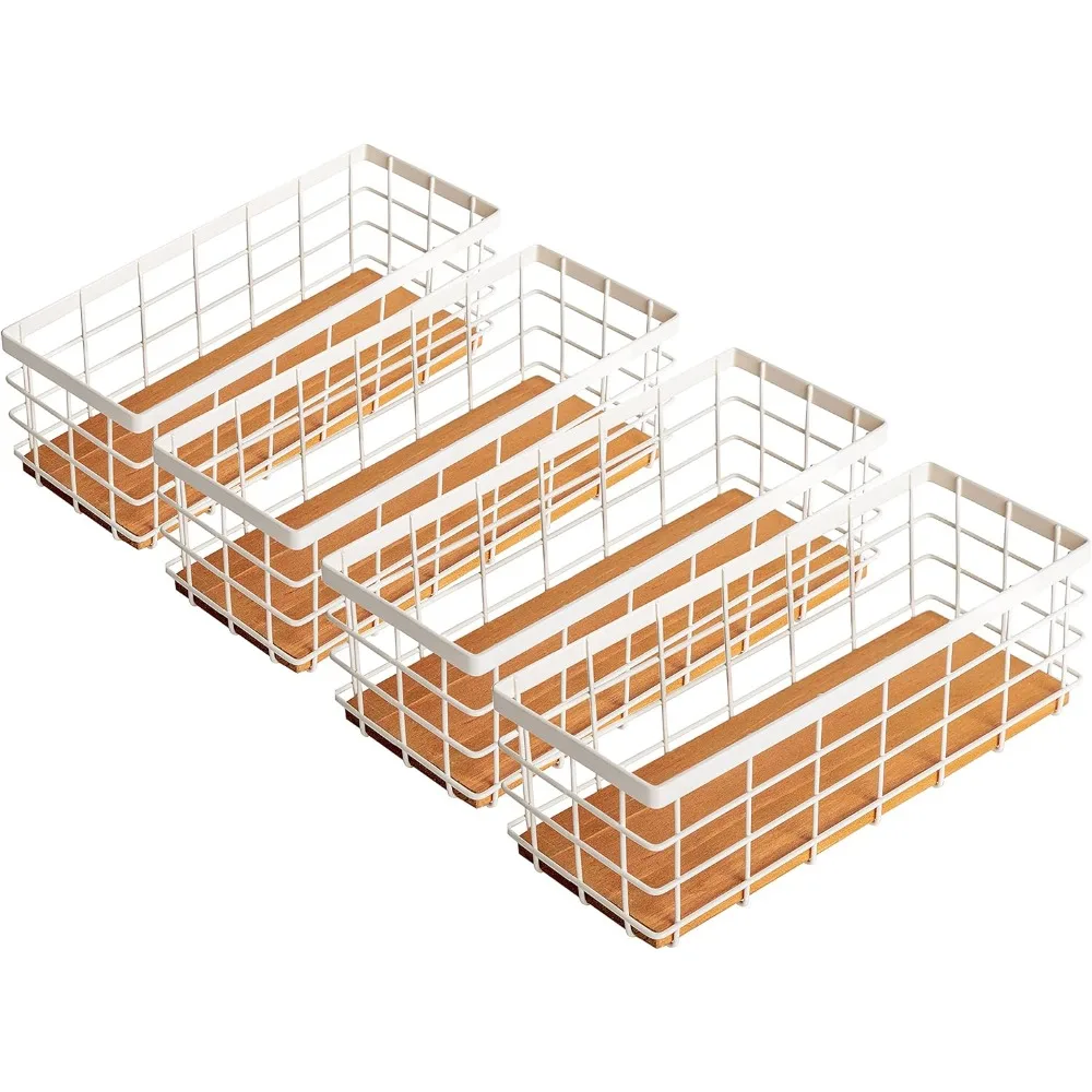 

Small Metal Wire Storage Basket, Detachable Wood Base Storage Organizer Bin Basket, Laundry Room (White, 4 Pack) Baskets