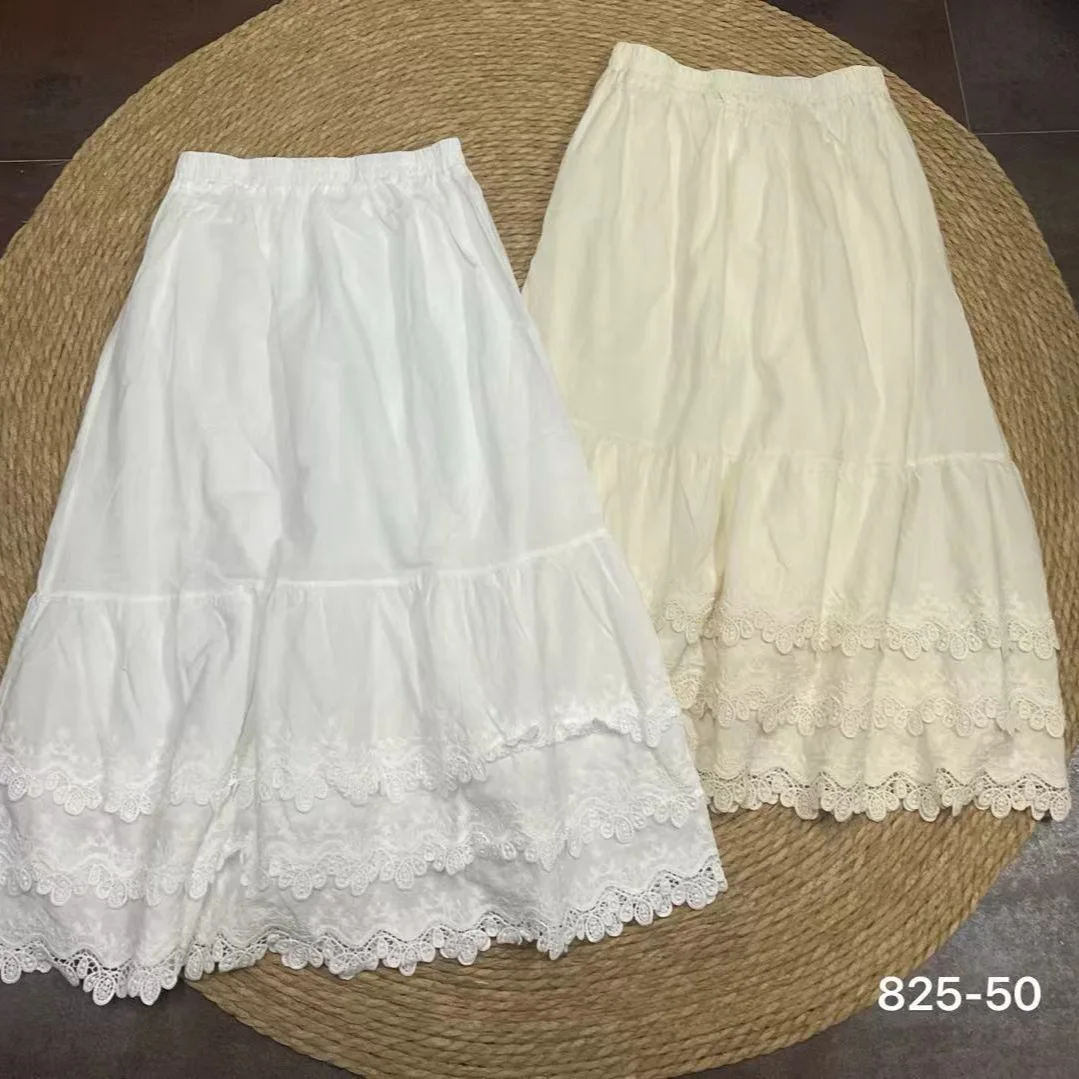 

Mori Girl Solid Color Sweet Lace Embroidery Multi Layer Cake Skirts Women Japanese Spring Summer Elastic Waist Casual Midi Skirt