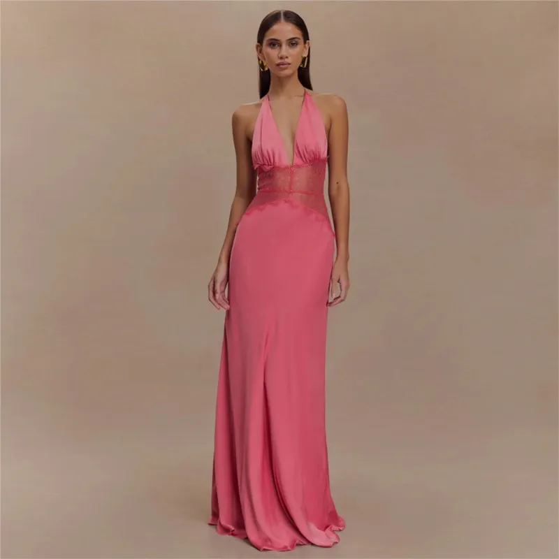 Robe Maxi en Satin de soie pour femmes, décolleté licou, dentelle, Patchwork, taille froncée, Sexy, robe de soirée élégante, été automne 2025