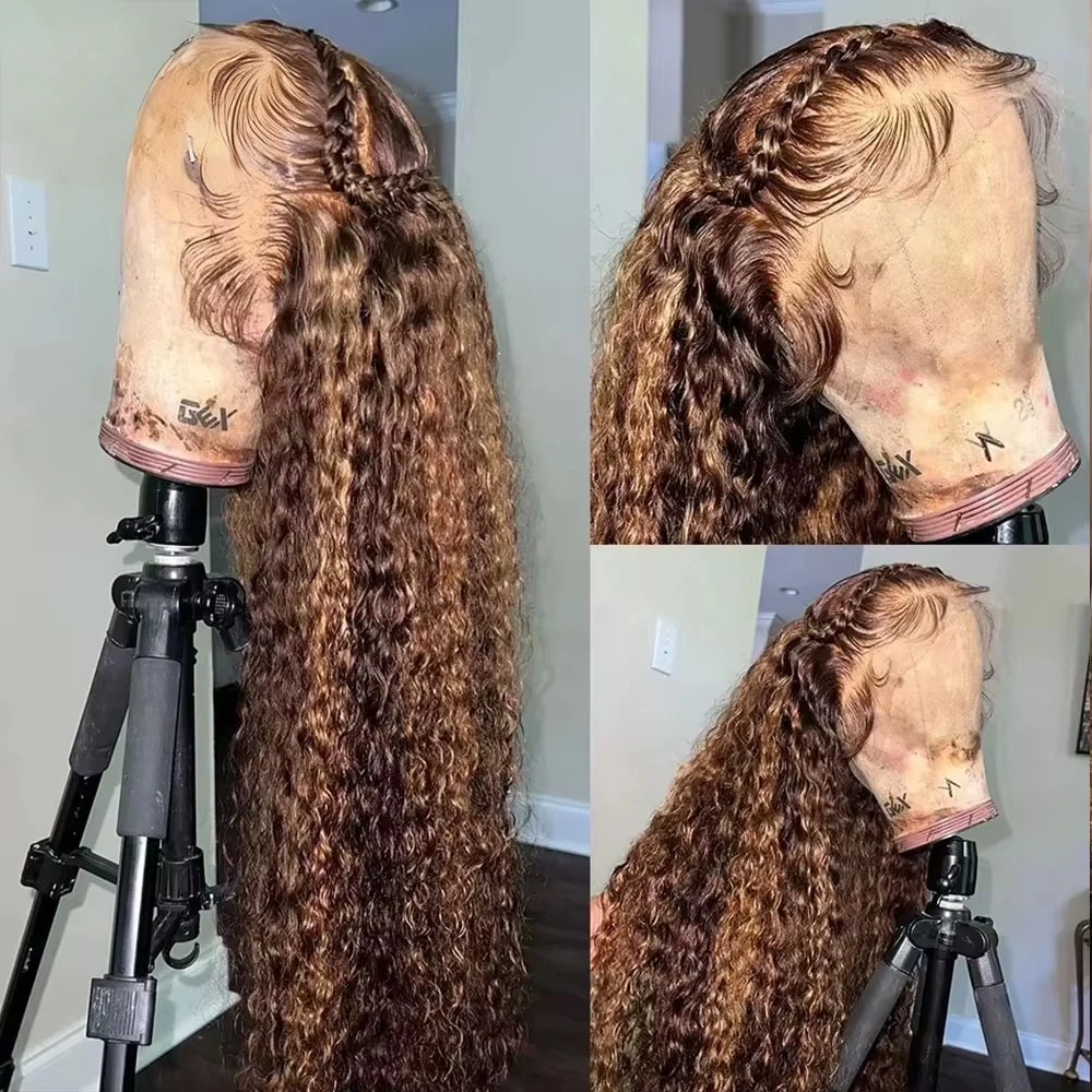 

32 Inch 4/27 Highlight Curly Human Hair Wigs 13x6 HD Lace Front Human Hair Ombre Honey Brown Colored Deep Wave Lace Frontal Wigs