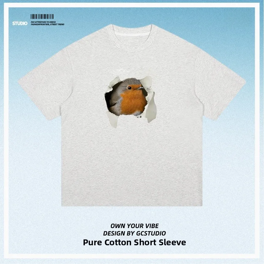 Creative Fun Robin Bird Hole Design Pure Cotton Bird Watching Sport Unisex Short Sleeve T-Shirt Breathable Comfortable Casual...