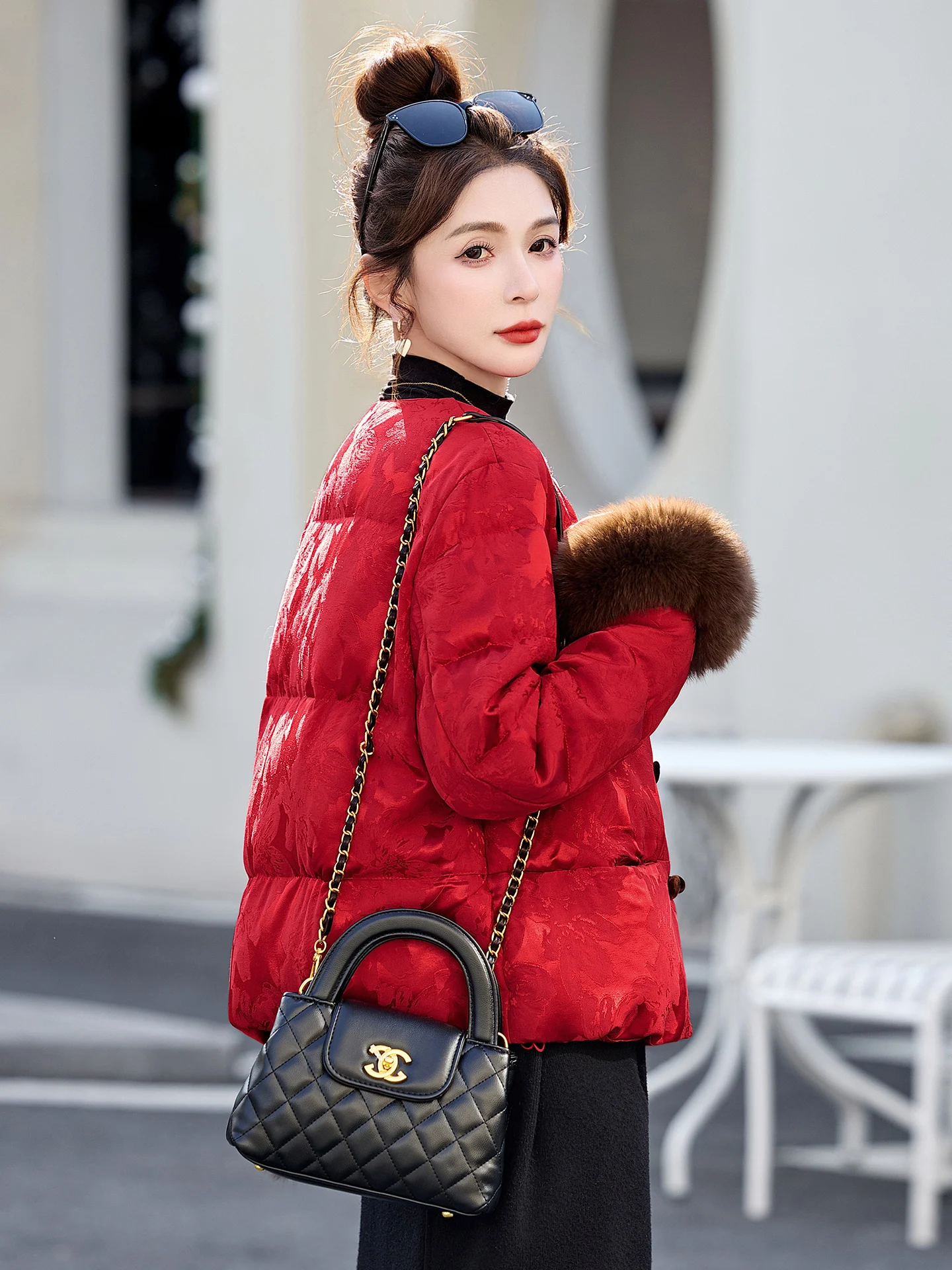 Vermelho chinês sle ort down jaet feminino inverno high end tendência nacional colarinho botão pele sve outerwear