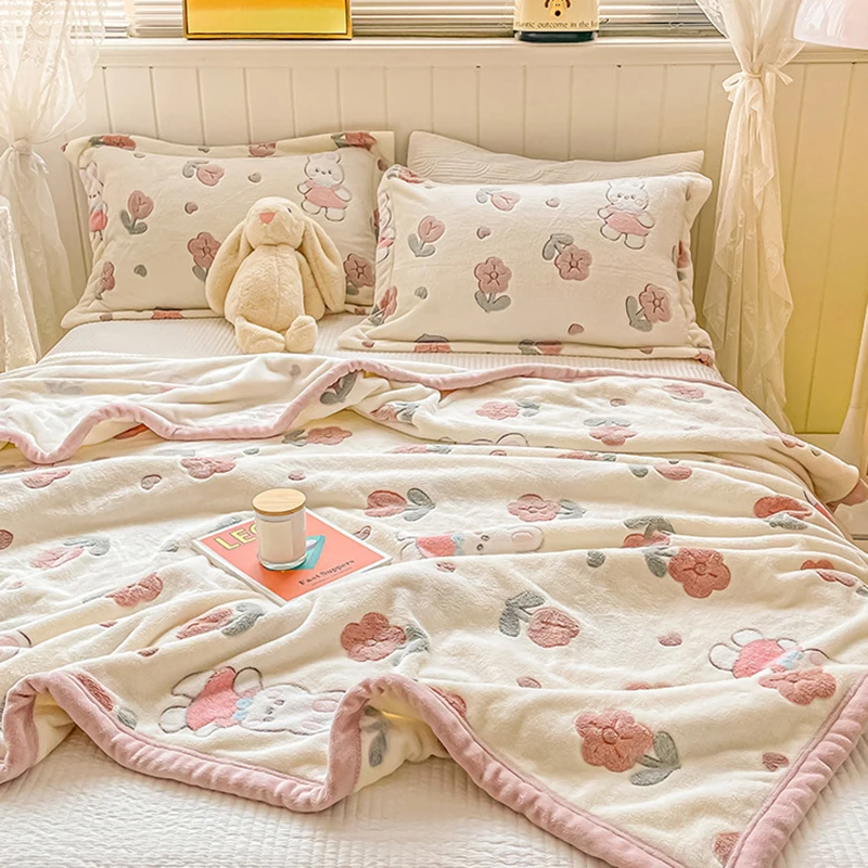 1Pc Cartoon Soft Flower Flannel Blanket Class A Milk Velvet Office Nap Blankets Skin-Friendly Plush Bedspread for Adult Kids
