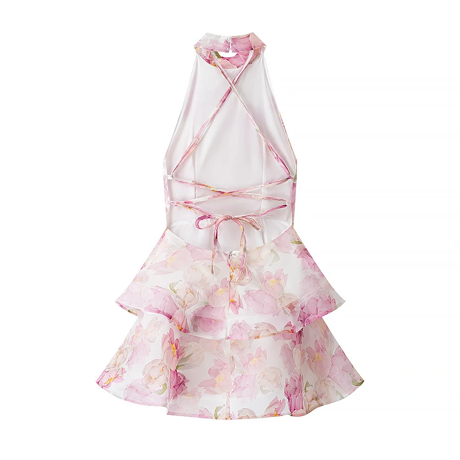 Keyanketian 2025 verão novo feriado vento flor impressão halter sem costas mini vestido moda em camadas organza vestido sem mangas feminino