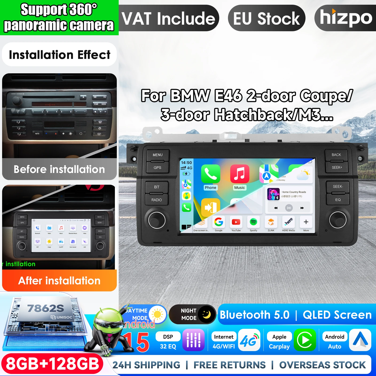 Hizpo Autoradio sans fil CarPlay Android Auto 7 pouces pour BMW E46 M3 318 320 325 330 335 Systèmes intelligents multimédias sans fil Apple CarPlay Écran tactile IPS Lecteur vidéo stéréo 2Din Autoradio Navigation BT GPS 4G WIFI FM AM DSP RDS SWC