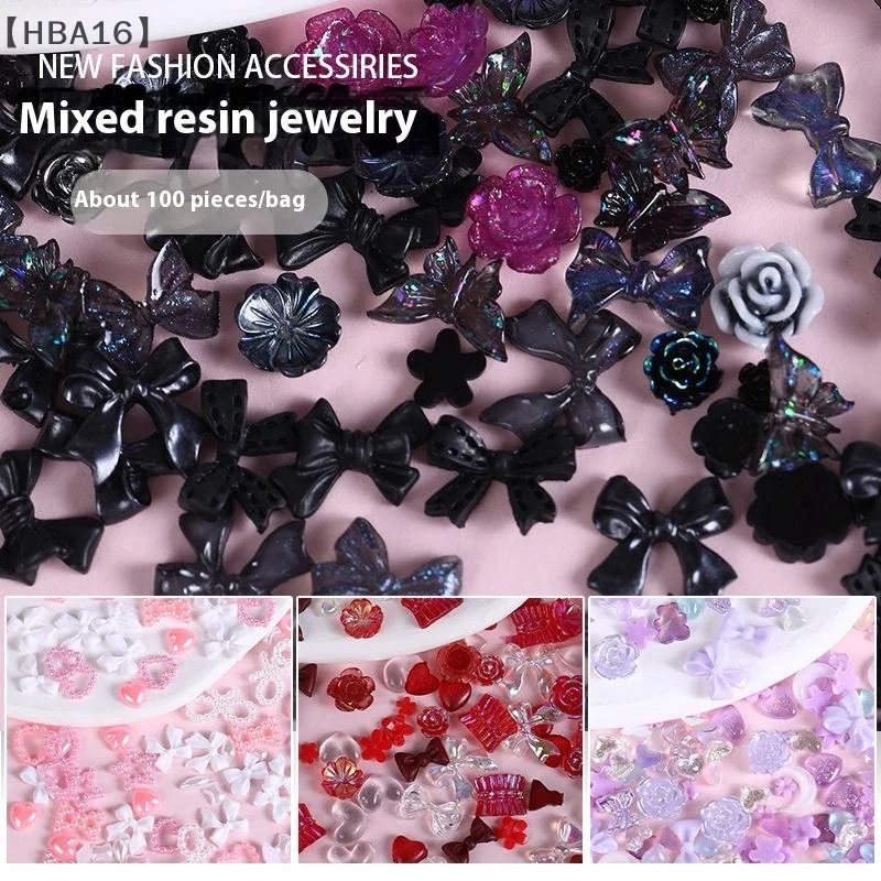 (HBA16) 100 個マルチカラーかわいいちょう結びネイルチャームハート真珠フラワーリボンフラットバック宝石パーツネイルアートマニキュア装飾