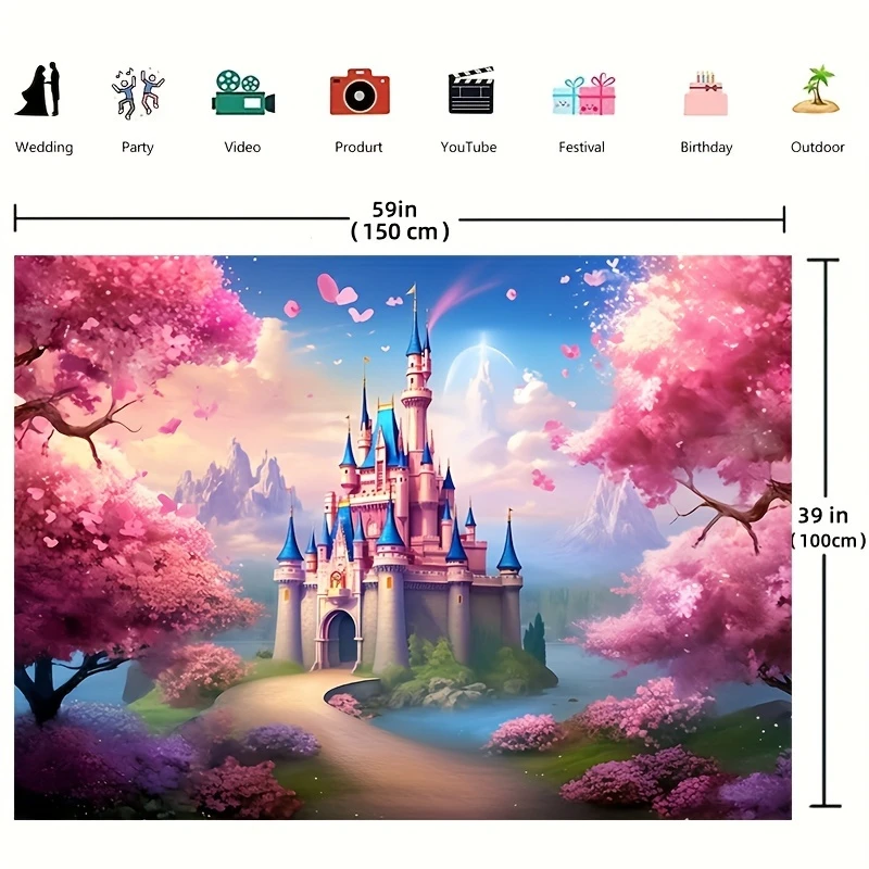 Castle background polyester fabric pink cherry blossom forest rainbow flower fantasy fairy tale foot photography background