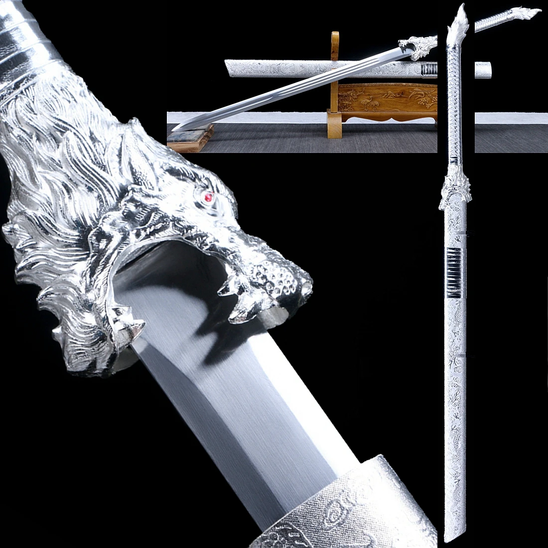 Silvery Wolf Guard Real Sword Battle 1095 High Carbon Steel Blade Home Decor Chinese KungFu Cosplay Jian Double Edge