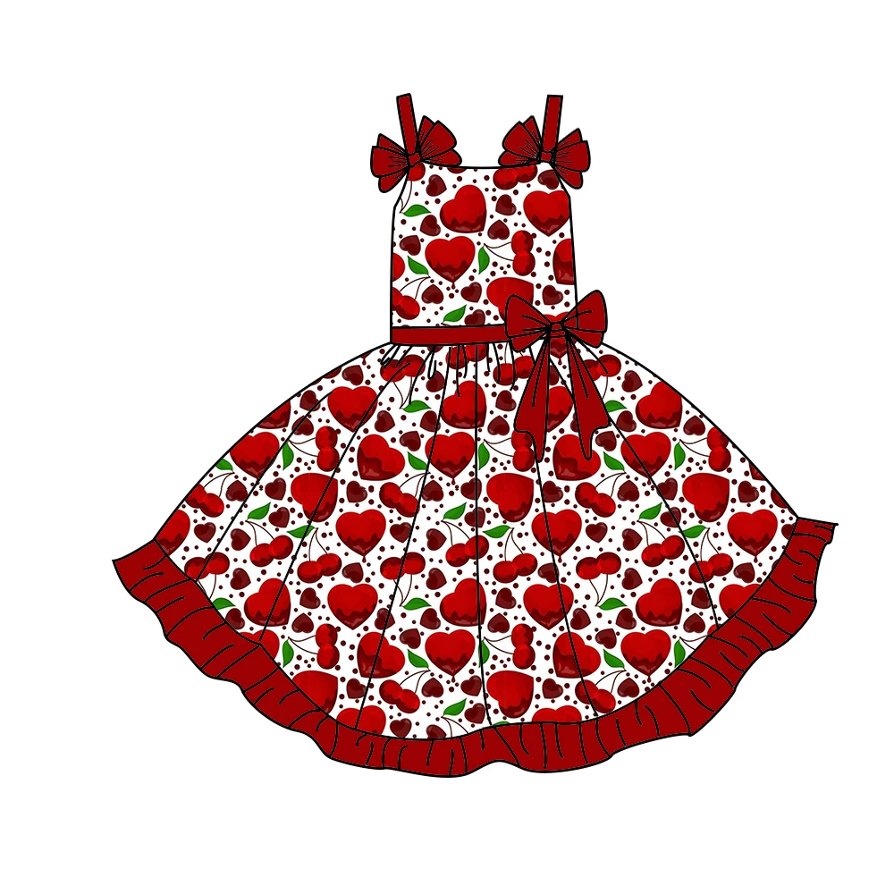 Valentine's Day Girls Dress Boutique Children's Suit with Suspender Bow Love Strawberry Print Clothing for Little Girls
