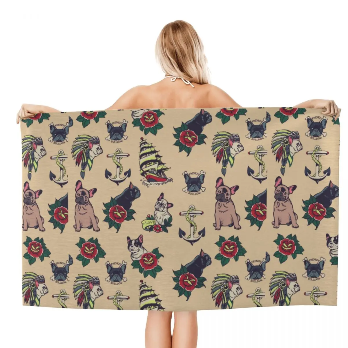 Custom French Bulldog Tattoo Beach Towel Animal Frenchie Dog Lover Soft Linen Microfiber Shower Towels