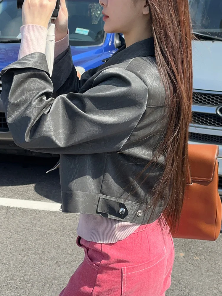 Sweet American Sle Pink Long Sve Rits Jaet ort Bovenkleding Dames Nieuwe Lente High-End Klein Formaat Leer Jaet