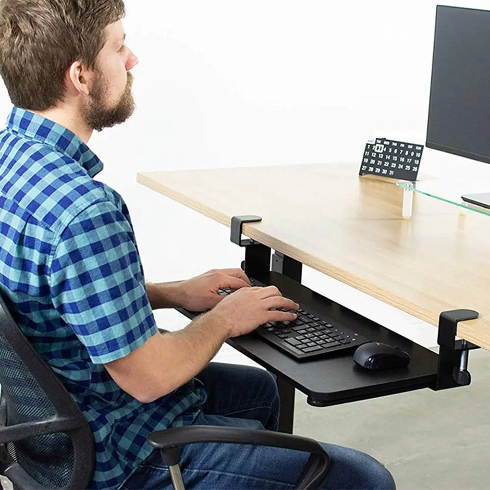 

C Clamp Mount Under Desk Keyboard Tray Pull Out Adjustable Height Retractable Keyboard Rack Space Saving Silent