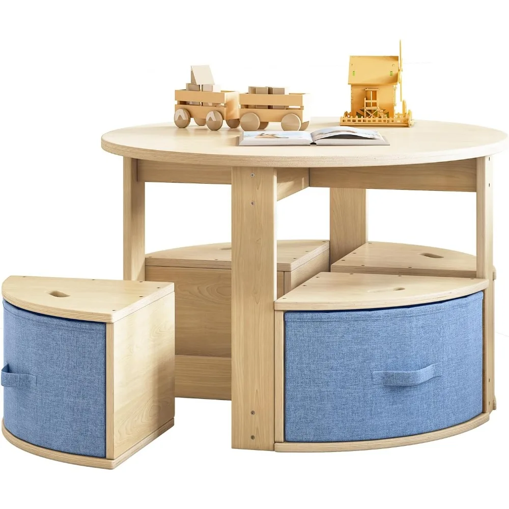 Table and Chair Set, Round Kids Table and Chairs with Nesting Design, Wooden Activity Table & 4 Storage Drawers Chairs