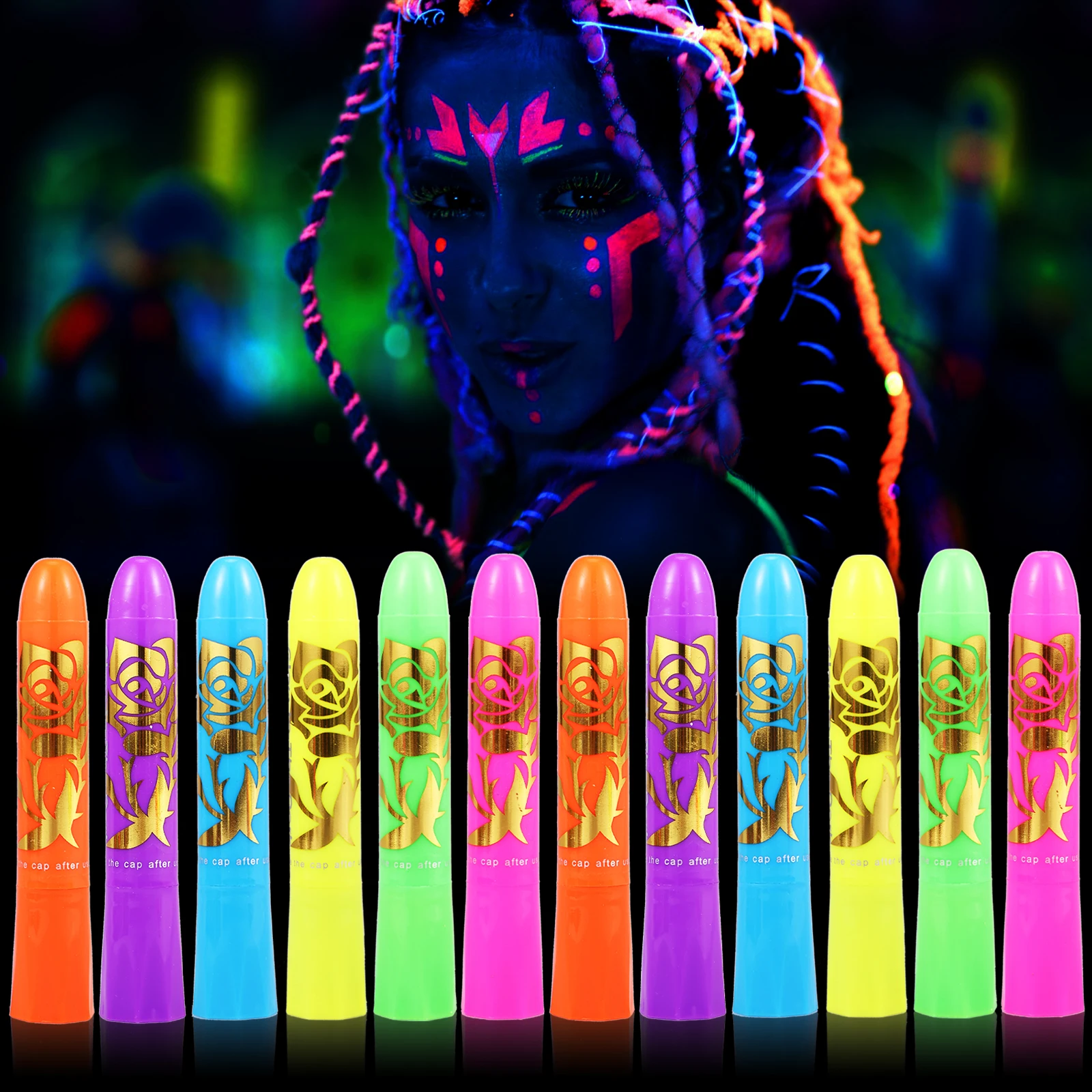 12Pcs Face Paint Crayons Set Glow In Dark Face Body Paint Washable Luminous Body Paint for Dress-up Carnival Halloween Party