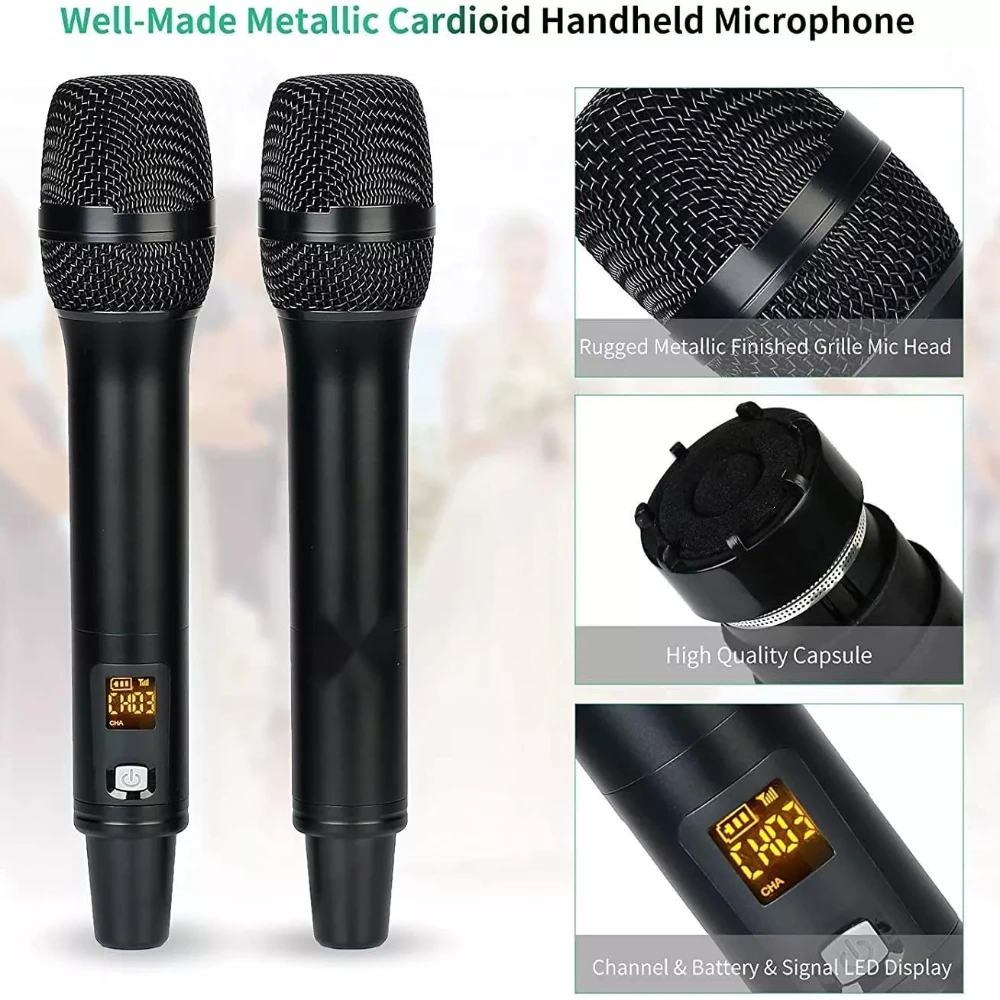 UHF Dual Channel Dynamic Echo Microphone Wireless System with Charging Dock Control for Karaoke Mics Profesional High Quality