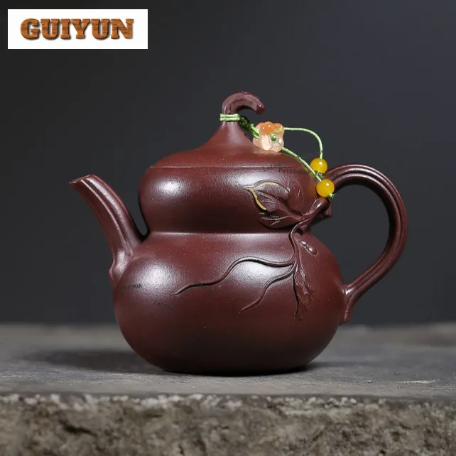 

210ml Exquisite Yixing Purple Clay Teapots Handmade Gourd Pot Raw Ore Purple Mud Kettle Chinese Zisha Tea Set Tea Items Craft