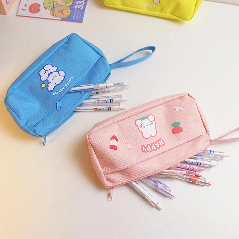 Candy Color Rabbit Print Canvas Pen Bag Happy Fun Animal Pattern Pen Pouch Students Writing Supplies