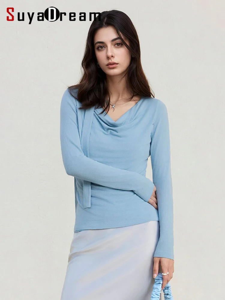 SuyaDream Women T Shirt, Wool Cotton Blend, Dropped Collar, Elegant Ribbon Tee, 2026 Fall Spring Solid Chic Top,