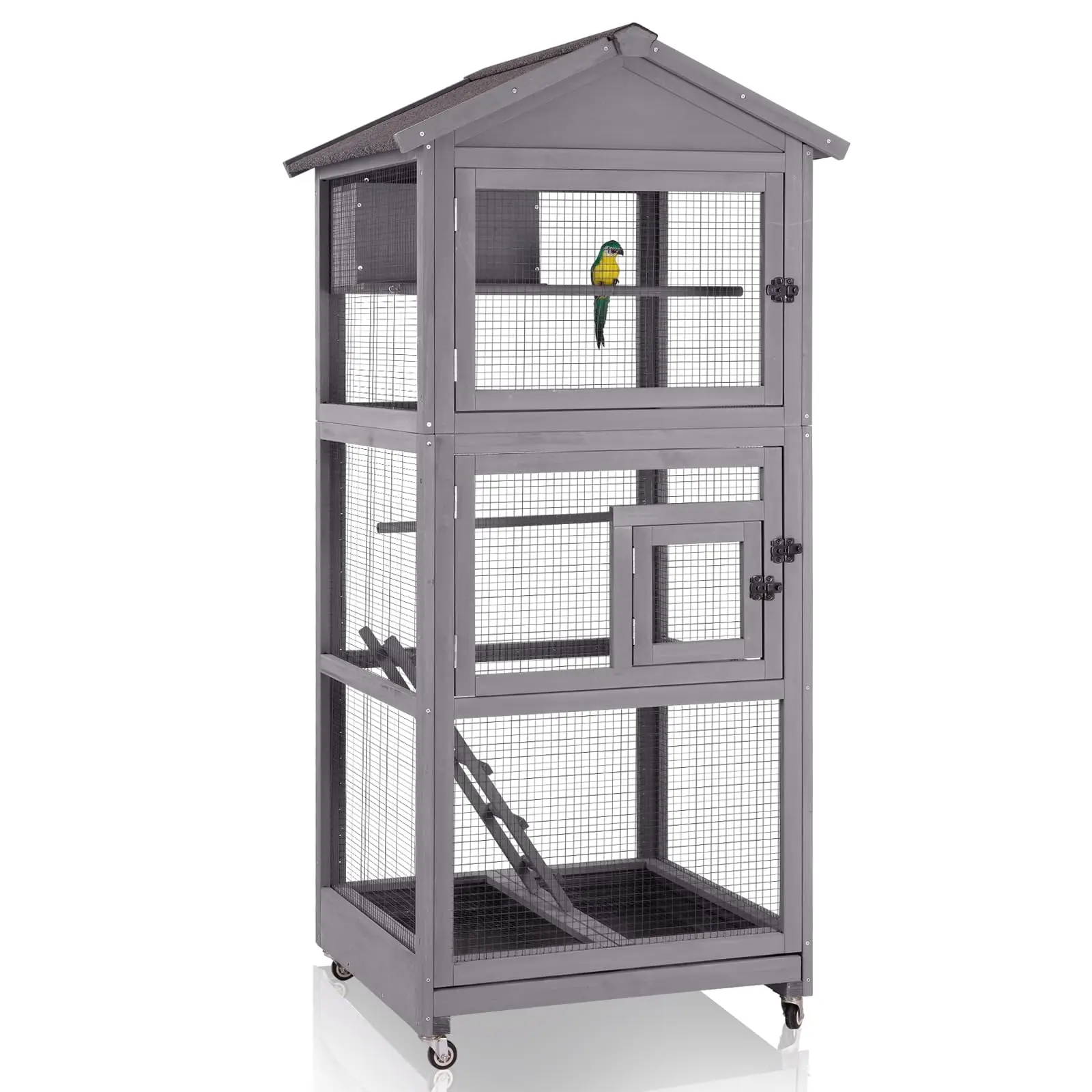 Large Bird Cage Outdoor Wooden Aviary Indoor on Wheels, with Play Stand, Perches, Nest Habitat & Wire Mesh Tray for