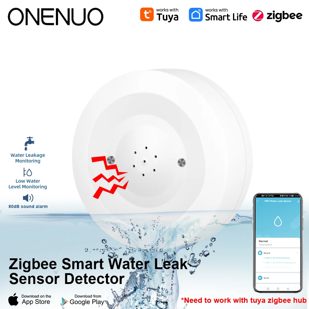 ONENUO Tuya Zigbee Water Leak Sensor Flood Leakage Detector with Sound Alarm 80dB and IP55 WaterProof Sensor Remote Monitor