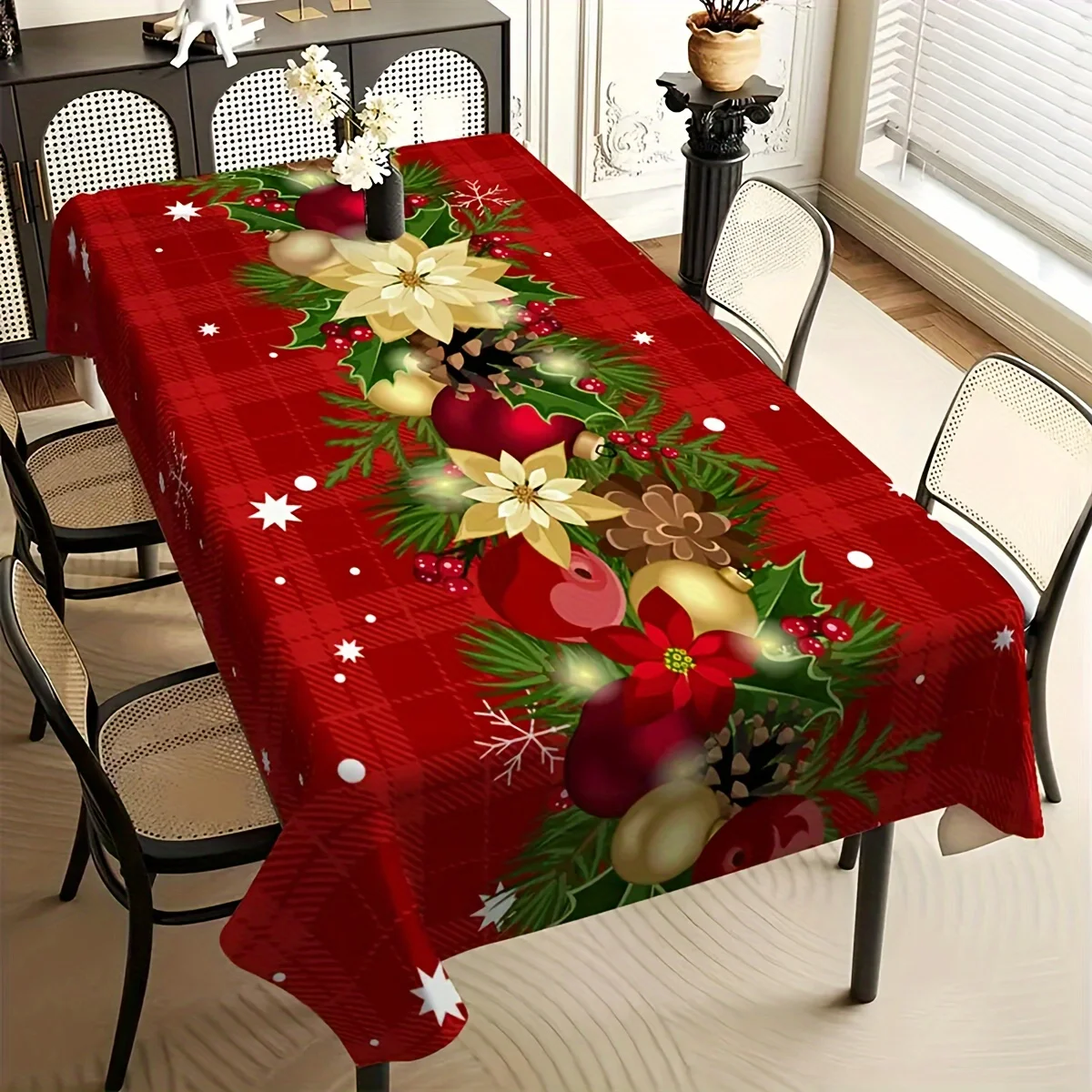 Christmas Poinsettia Pine Needle Ball Waterproof Tablelcoth Table Decor Winter Kitchen Dining Tablecloth Christmas Decorations