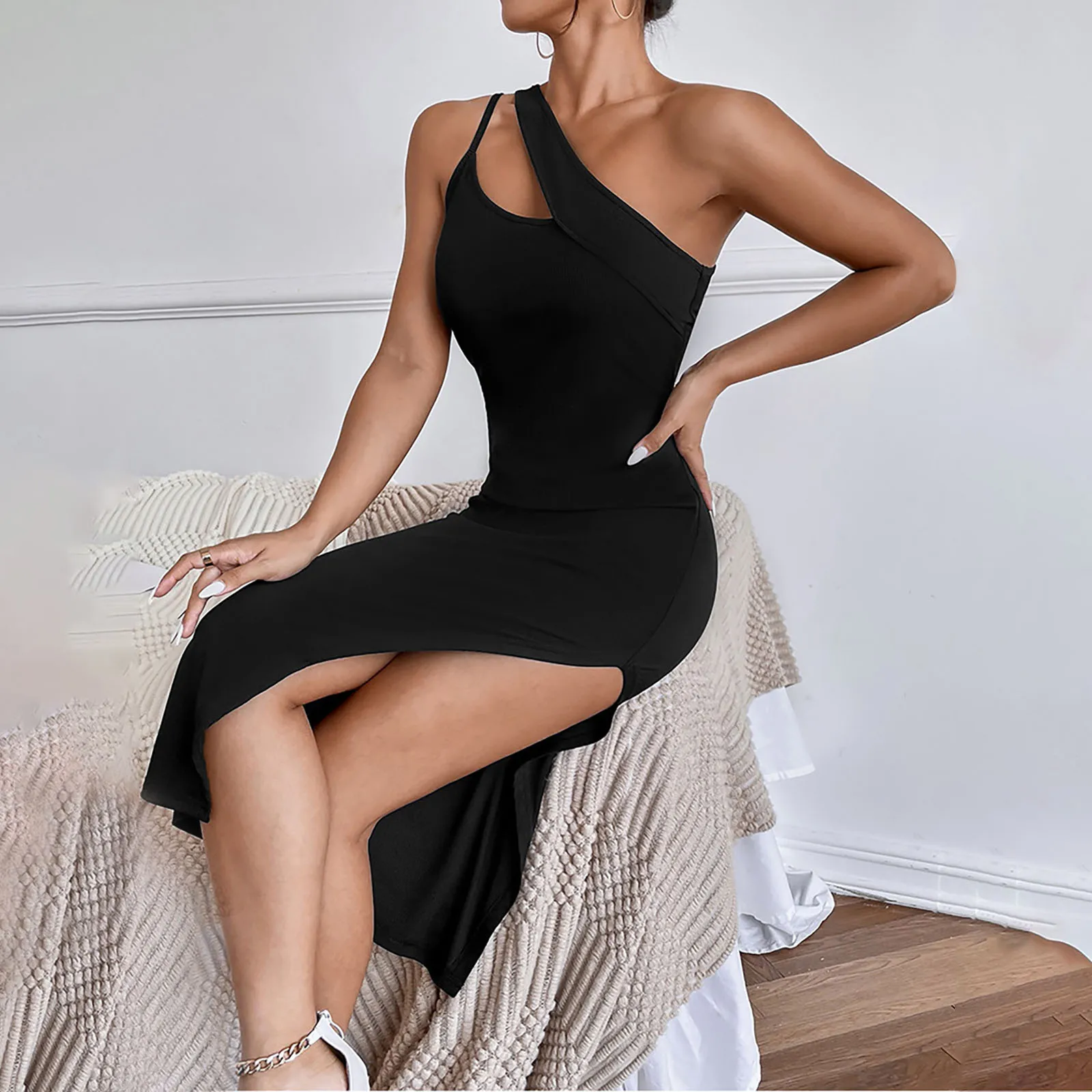 Sexy Black Mid-Long Bodycon Dress Women Summer Sleeveless Blackless Halter Neck Spaghetti Strap Dresses High Split Vestidos