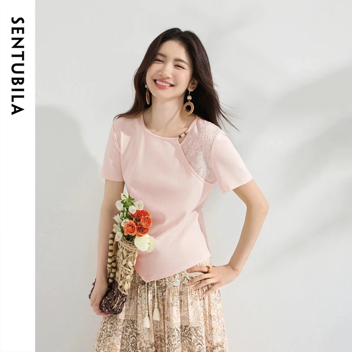 SENTUBILA Women's Cotton Knit T-shirt Fashion Floral Lace Patchwork Ruched Elegant Office O-Neck Slim Short Sleeve Top 162TM6917