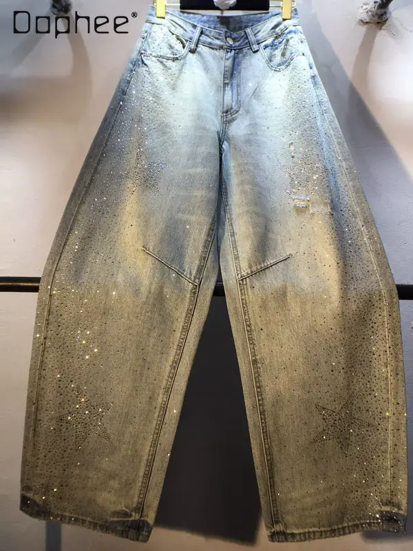 European Station 2026 Spring New Heavy-duty Rhinestone Embellished Five-star High-waisted Straight-leg Jeans Women's Trousers