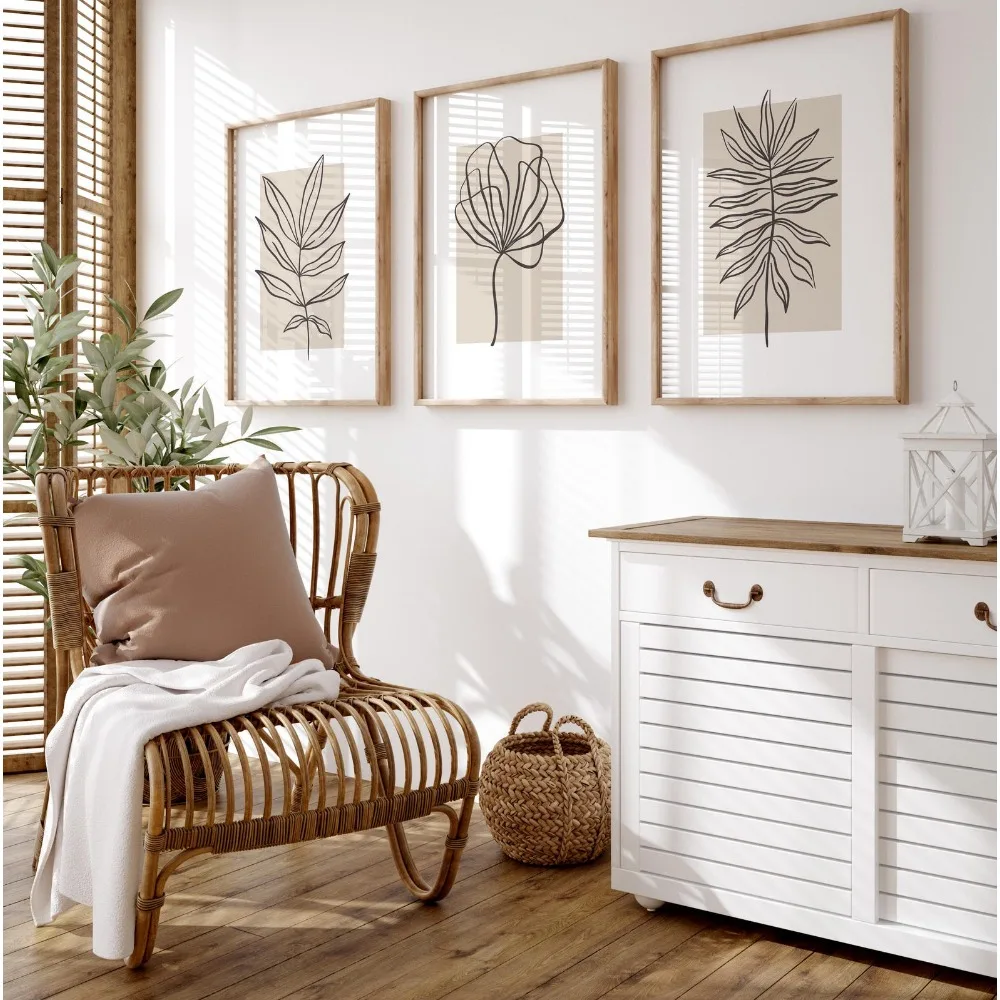 Frameless, Beige Wall Art Prints,Neutral Wall Prints,Plant Wall Art, Line Art, Bedroom Prints, Beige Home Living Room Decoration