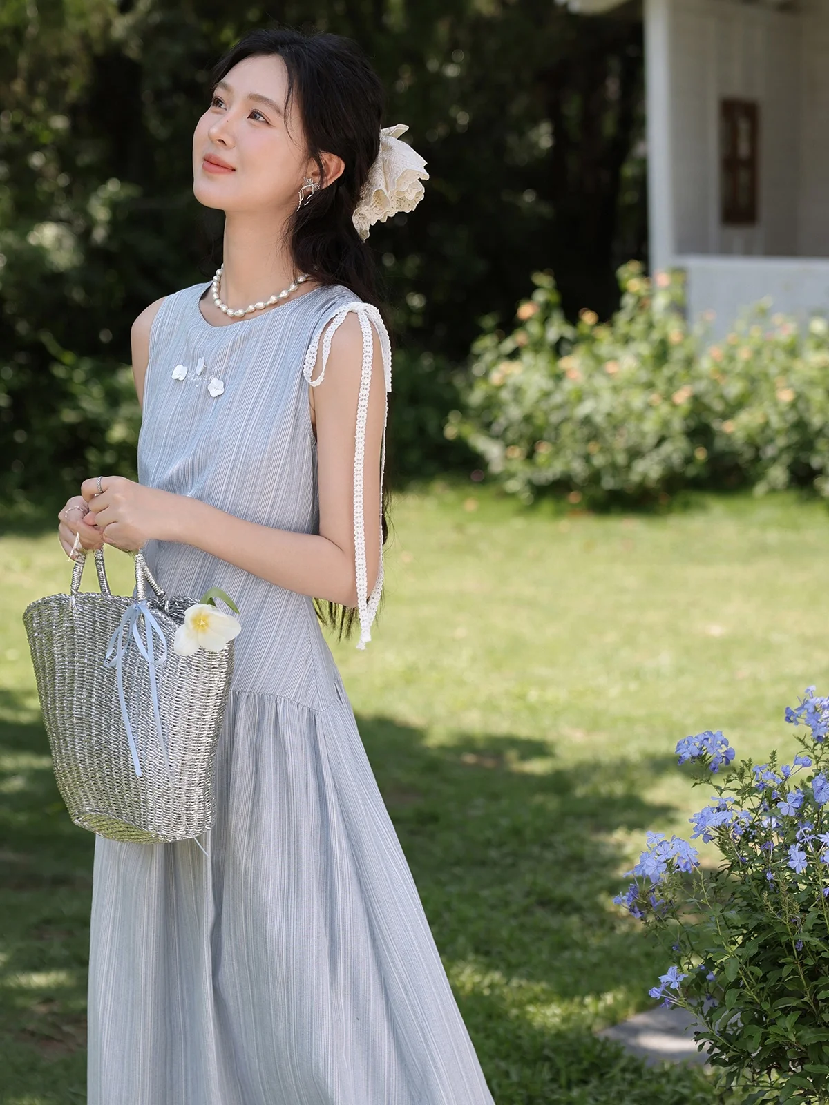 กระโปรงยาวทรงเอ สไตล์ลำลอง สำหรับผู้หญิง ไซส์เล็ก รุ่นคลาสซี่ สีฟ้า สำหรับฤดูร้อน