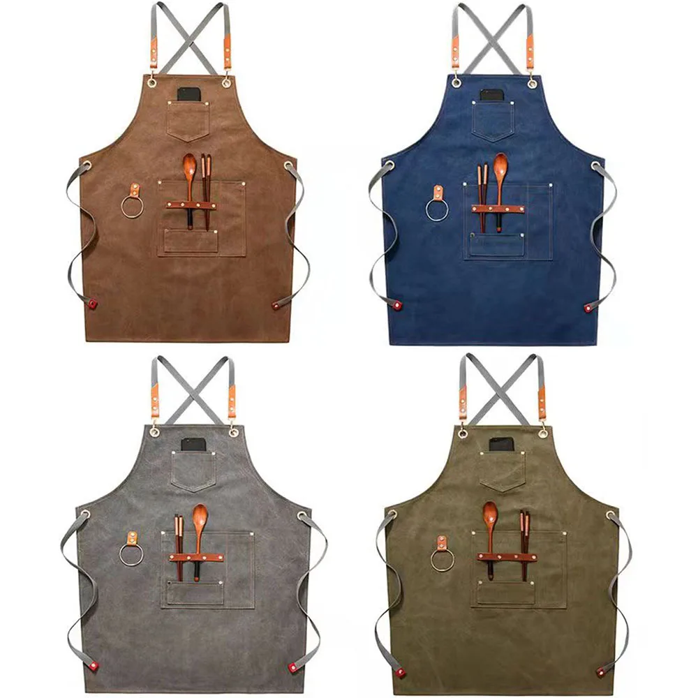 Canvas Bib Fabric Chef Kitchen Apron Women Men Barista Bartender Pockets Home Barber Coffee Restaurant  Protective pinafore