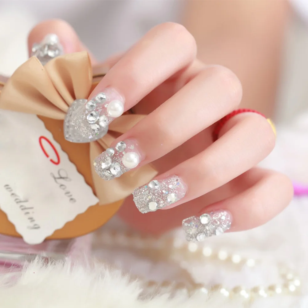 

24 Pcs False Nails Diamond Studded Girls Fake Nail Tips Short Rhinestones Manicure Design Accessories Non Toxic