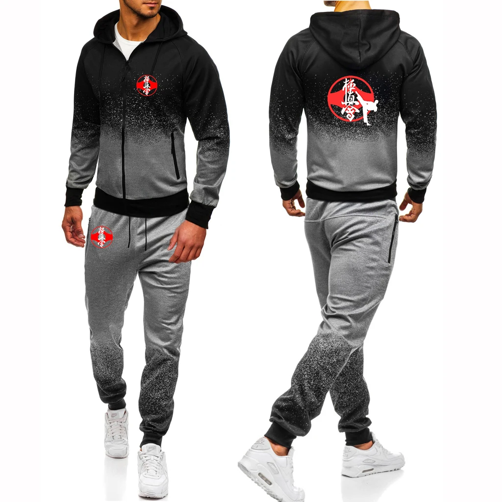 

2023 New Kyokushin Karate Print Man's Gradient Hoodies Casual Sweatpant Sets Sport Hip Hop Coats+Trousers Comfortable Suit