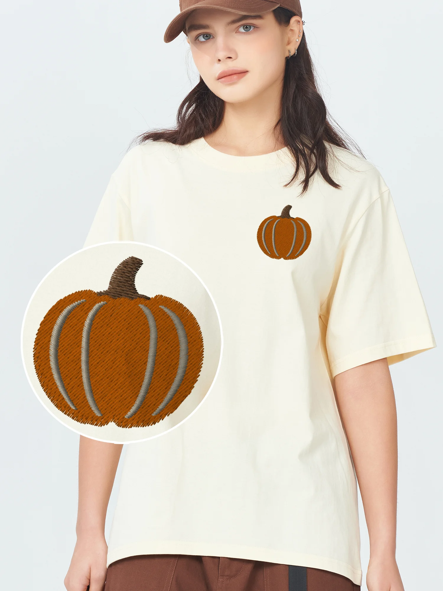 

Pumpkin Embroidered Tshirt 100% Cotton Embroidery T-Shirts Pumpkin Halloween Clothes Soft Woman Clothes Tshirt