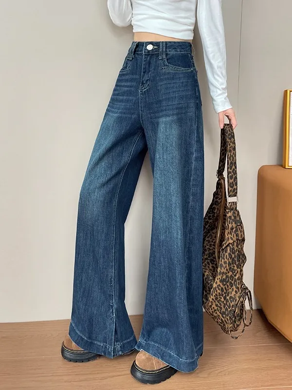 

plus Size High Waist Bell Bot Denim Jeans Women's American Retro Sle Autumn Winter Slimming Wide Leg Floor Length Pants