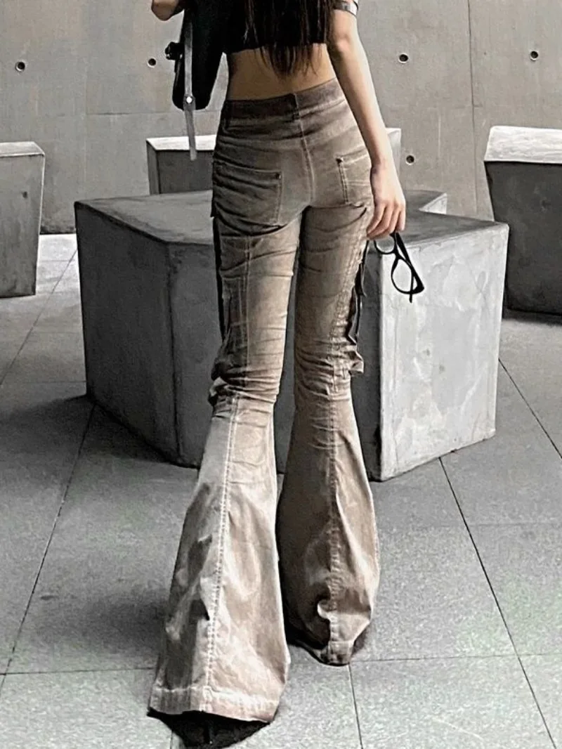 American Wash Brown Cargo Jeans Women Street Stretch Slim Pockets Patchwork Vintage Trousers Fairycore Grunge Y2k Flare Pants