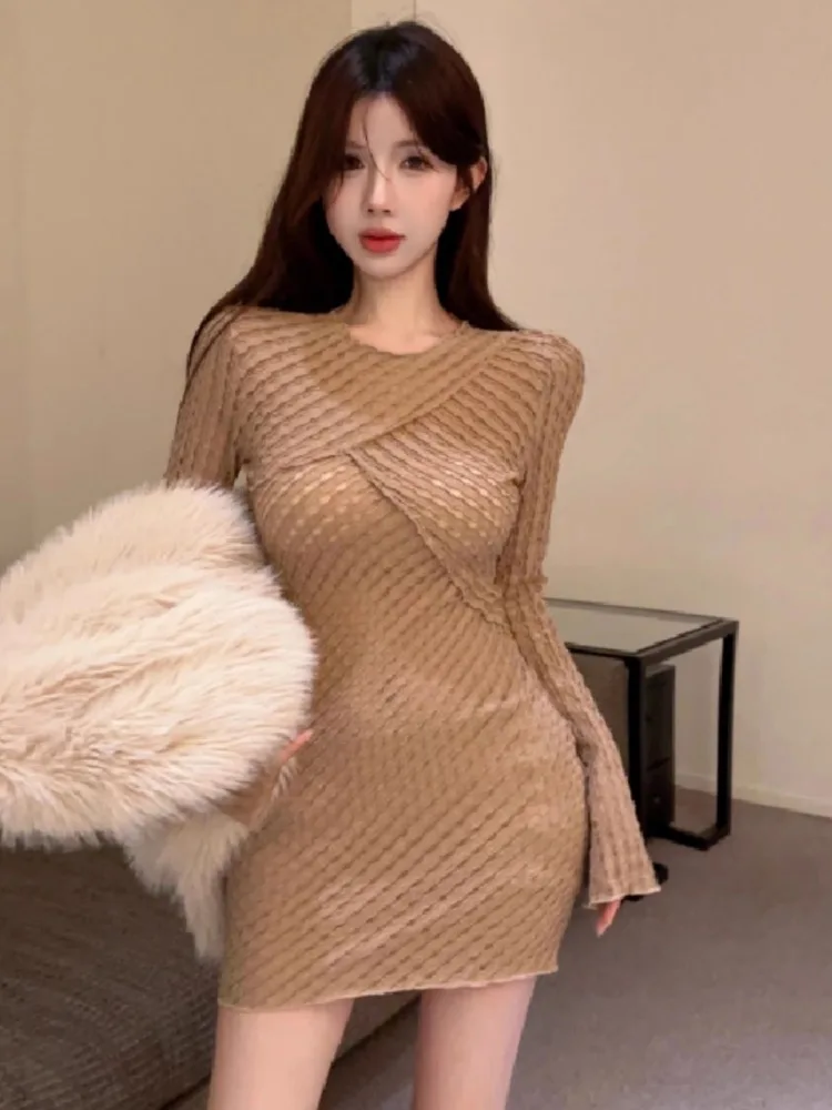 Topenomi Autumn Long Sleeve Party Dress Women French Temperament High Waist Slim Short Evening Dresses Fashion Cocktail Vestidos