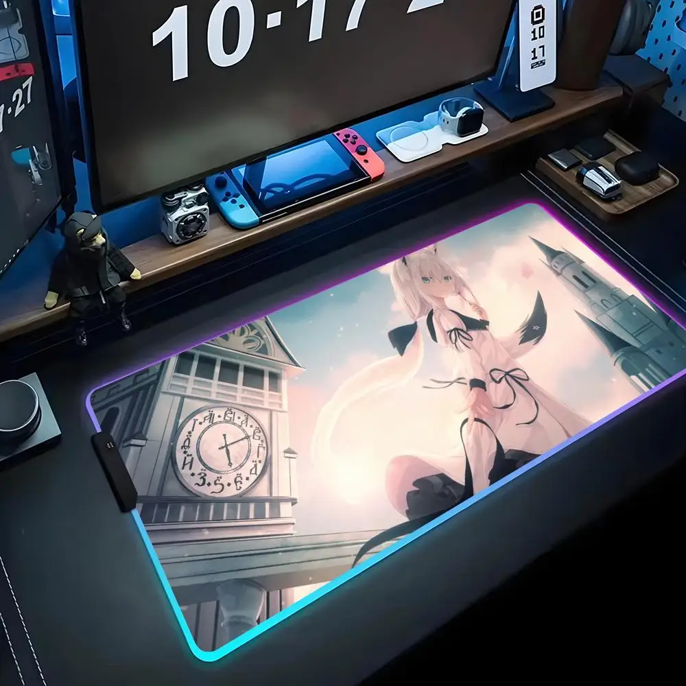 

Shirakami Fubuki Mouse Pad RGB Gaming Mousepad Big LED Pad PC Desk Mat Luminous Mouse Pad Large Keyboard Mats Table Rug With