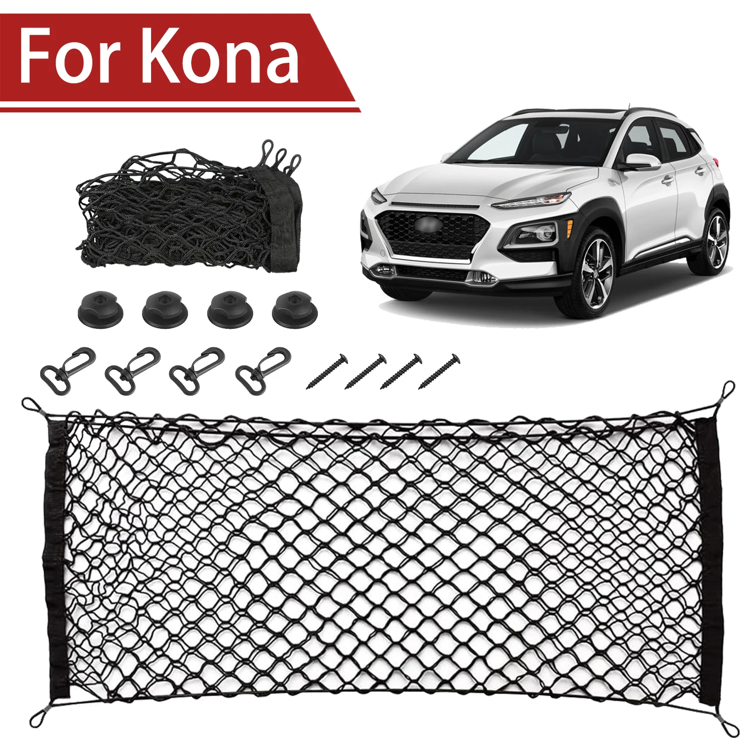 

For Hyundai Kona 2018-2025 Cargo Net Trunk Organizer, Elastic Mesh Storage Net Car Accessories Storage Belt Hook