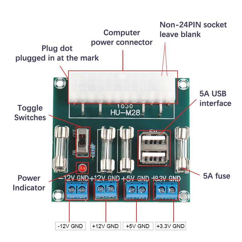 HU-M28W Desktop PC Power ATX Transfer Board Power Adapter Supply Test Module Power Supply Circuit Outlet Module