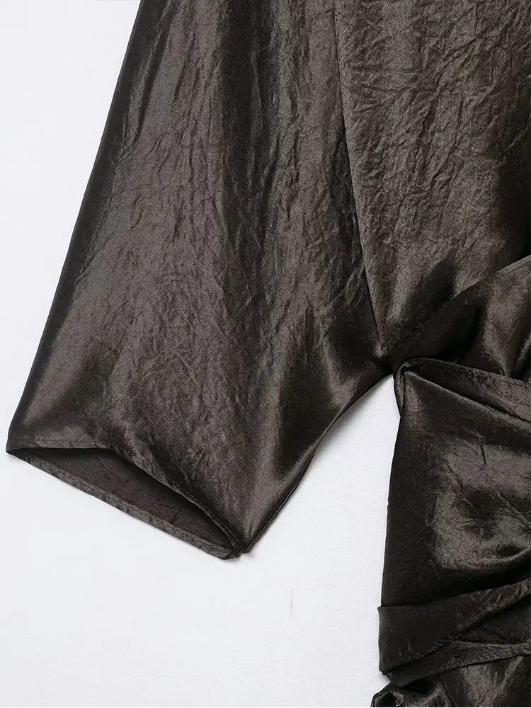 NLZGMSJ Satin Geraffte Lange Kleider für Frauen Langarm V-ausschnitt Kleid Frau Gebunden Party Damen Kleider Casual Weibliche Midi Kleid