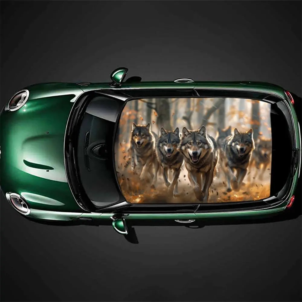 

Running Wolf Pack Fallen Leaves Forest Car Roof Sticker Wrap Racing SUV Auto Accessories Packaging PVC Car Hood Graphic Decal
