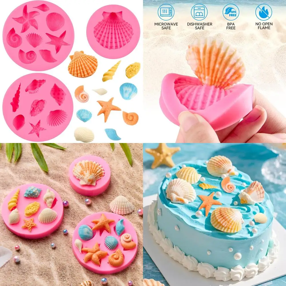 3 uds moldes de silicona marina para fondant, moldes para dulces de chocolate con forma de estrella de mar y concha para decoración de cupcakes, decoración de pasteles pop y c