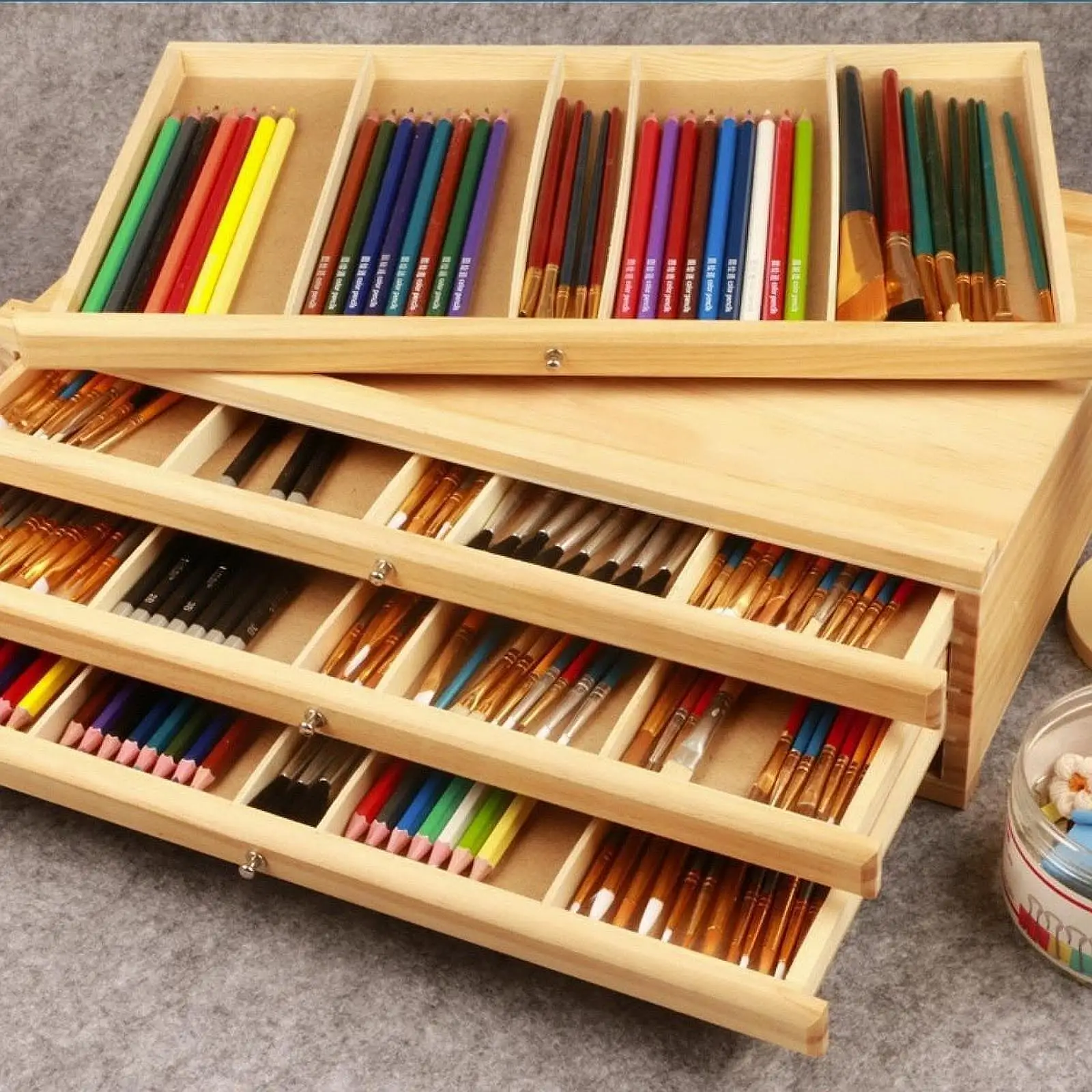 Wood Artist Supply Storage Box Organizer Five Drawers Simple Multi Compartments Container Art Storage Box for Erasers Pencils