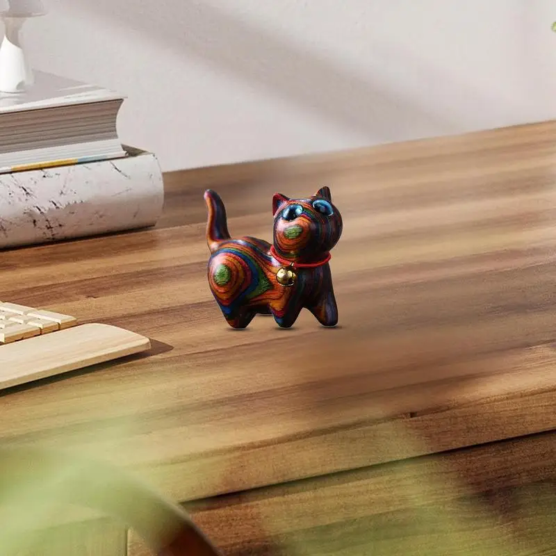 Wood Cat Statue Carved Wooden Cat Statue Rainbow Cat Ornament Home Decor Sculpture For Bookcase Bedroom Living Room Table Cute