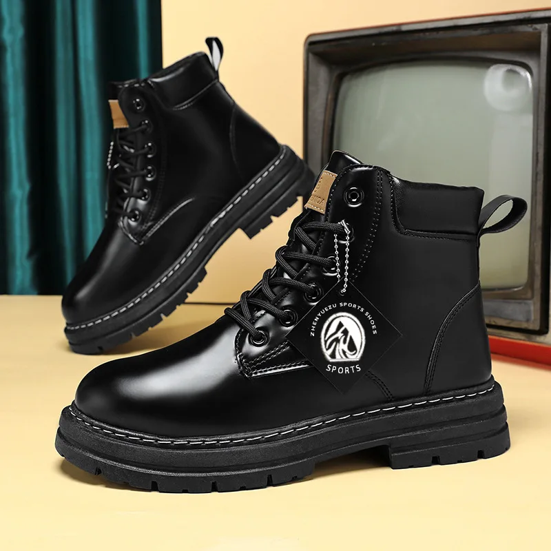 Men's Leather Shoes for High Top Boots  Fashion Motorcycle Men's Ankle Boots Winter Boot Lace Up Botas Hombre Cowboy Boots