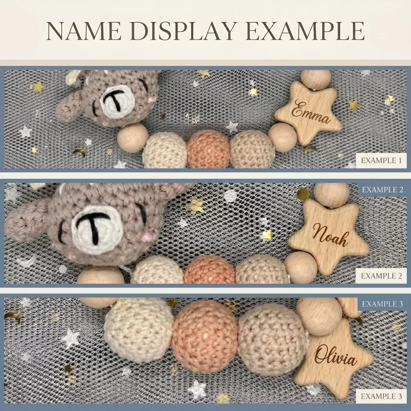 Personalized Baby Pacifier Clip Crochet Bear Wooden Star Teether Holder Custom Name Baby Shower Gift BPA Free Handmade Chain image 5